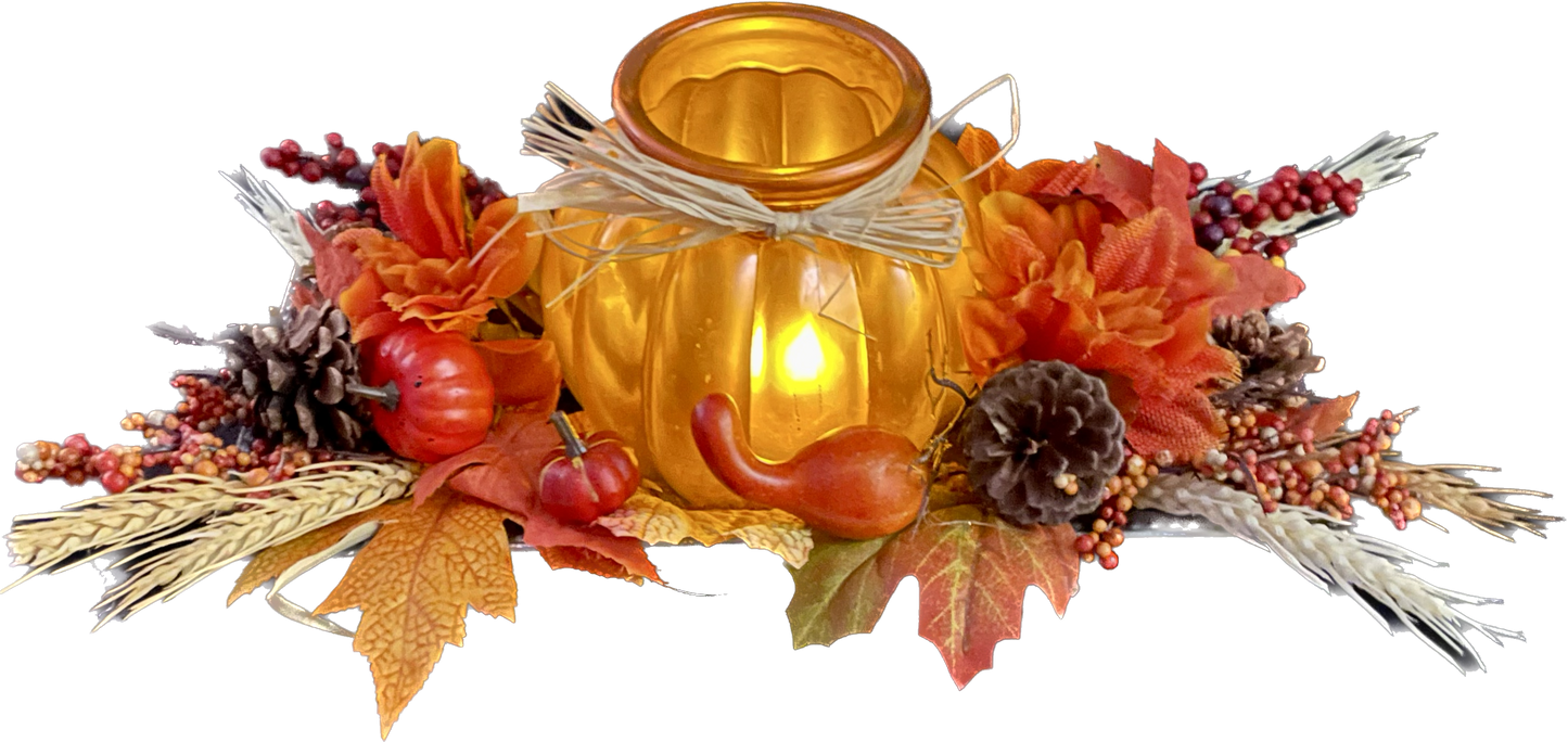 Fall Lighted Pumpkin and Floral Tray