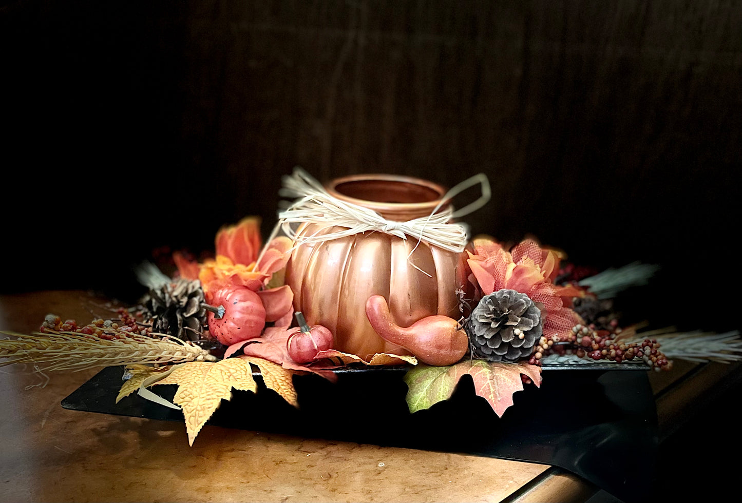 Fall Lighted Pumpkin and Floral Tray