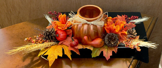 Fall Lighted Pumpkin and Floral Tray