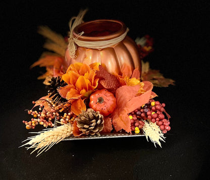 Fall Lighted Pumpkin and Floral Tray