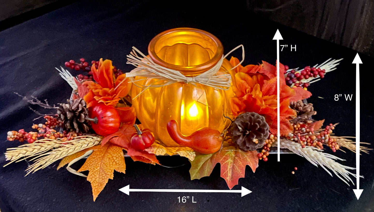 Fall Lighted Pumpkin and Floral Tray